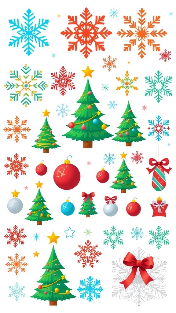 A variety of Christmas vector graphics including snowflakes, trees, and ornaments on a white background.